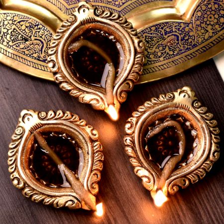 Pack of 3 Designer Round Brass Oil Lamp Festive Diya